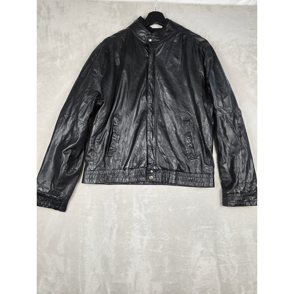 Vintage Saxony Leather Jacket Men 40 Black Bomber Moto Cafe Racer‎ Full Zip